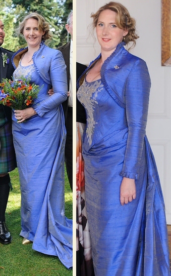 cobalt blue and gold shot silk dupion corset wedding dress with matching short shrug jacket